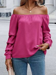 SHEIN Clasi Blusa Sólida Con Hombros Descubiertos, Manga Larga Plisada - Rosa Fucsia - Ver 5