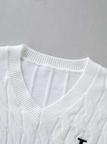 Claim Dot 男士 V 领宽松长袖针织毛衣，带字母刺绣，秋冬 - 白色 - 查看 5