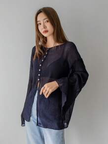 DAZY Áo cánh voan rộng rãi hở vai một hàng khuy đơn màu thời trang xuân hè cho nữ - Màu xanh hải quân - Xem 6