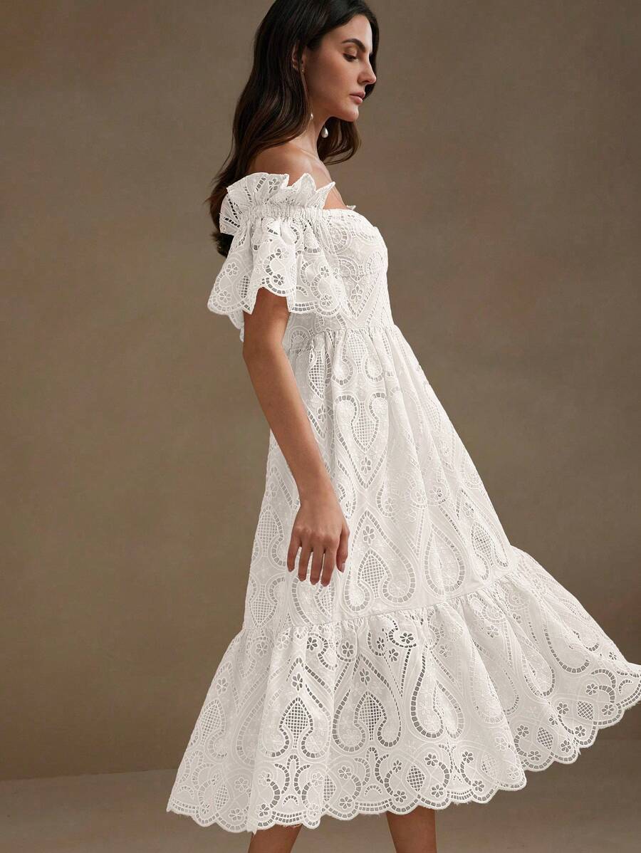 Anewsta 女士荷叶边盖袖性感度假连衣裙 - 白色 - 查看 1