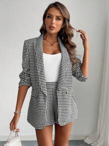 Firerie Women's Spring/Fall Houndstooth Print Ruched Collar Half Sleeve Blazer And Shorts Casual Office Suit, Winter, Business Casual, Elegant, Black And White Plaid