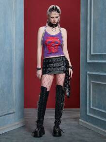 WB Horror X SHEIN 女士哥特式深色面具和字母印花撞色蕾丝边修身短款紫色背心，万圣节上衣 - 紫色 - 查看 5