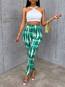 VaVaBold 棕色多色艺术图形随机印花高腰女式紧身裤，性感修身且有弹性 - 綠色 - 查看 6