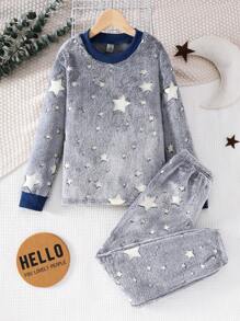 2 件 Tween Boy 夜光星星图案羊毛拼色罗纹运动衫和裤子休闲舒适睡衣套装