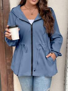 SHEIN LUNE 大码春秋休闲纯色抽绳连帽夹克 - 霧霾藍 - 查看 3