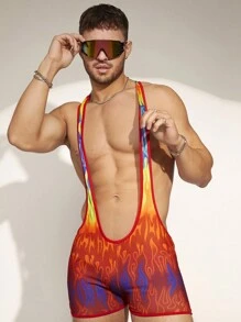 FeverCity Men's Knit Flame Pattern Print Bib Overall Pants - Multicolor - View 1
