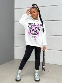 SHEIN Leap Crew Tuta sportiva in pile con girocollo e pantaloni, set per ragazze pre-adolescenti di - Bianco e nero - Visualizzare 3