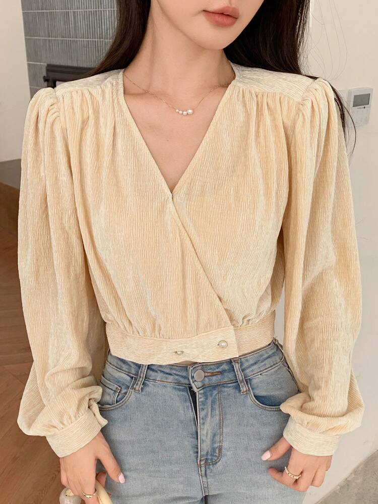Ladies' Casual Business Solid Color Slim Fit Long Sleeve Corduroy Textured Short Blouse,Fall Clothes