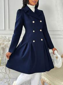SHEIN Clasi 女式翻领长袖褶饰简约休闲双排扣羊毛大衣 - 藏蓝色 - 查看 5