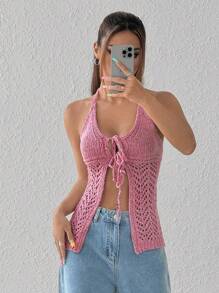 Flirla Blusa casual de punto de unicolor con nudo delantero y calado para mujer