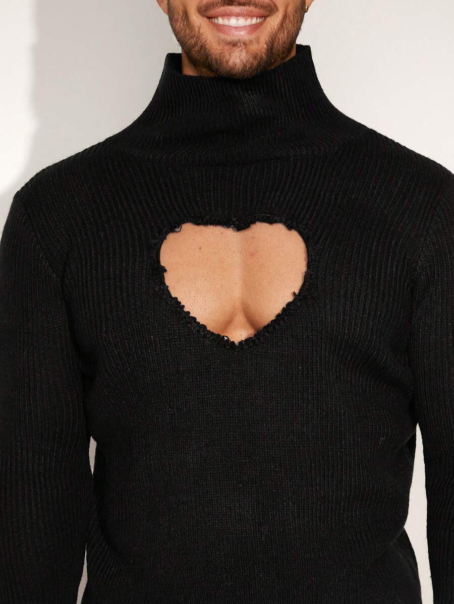 FeverCity Men's High Collar Tight-Fitting Hollow Heart Pattern Sweater, For Fall Winter - Black - View 1