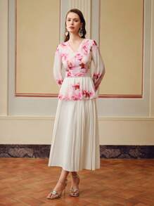 ZEYLAH FLORAL PRINT V-NECK LANTERN SLEEVE PEPLUM TOP WITHOUT BELT - Pink - View 9