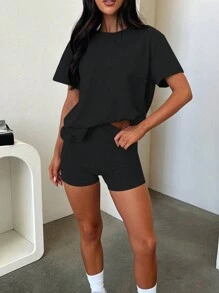 INAWLY Solva 2pcs Women Summer Plain Round Neck Short Sleeve T-Shirt And Shorts Casual Set, 2 Pieces Set Black - Black - View 2
