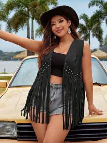 Calvaya Plus Size Women Western Style Open Front Tassel Decorated Vest Winter Fall Autumn - Black - View 4