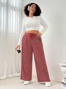 SHEIN EZwear 大码女式夏季休闲宽松高腰直筒裤带口袋，红色条纹针织面料 - 乾枯玫瑰色 - 查看 6