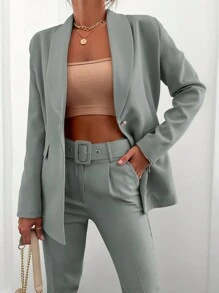 EURMUSE 女士休閒商務實色披肩領外套＆長褲套裝 - 薄荷綠 - 查看 1