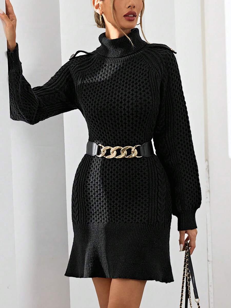 SHEIN Privé Vestido midi de punto retro informal con cuello alto de cable, decoración de botones, mangas abullonadas y cola de pez - Negro - Ver 1