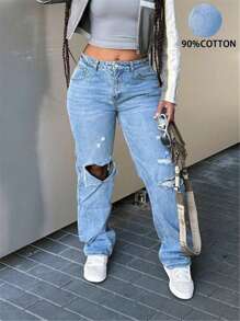 2024 New European And American Loose Casual Simple Straight-Legged Pants With Holes - Light Wash - View 1
