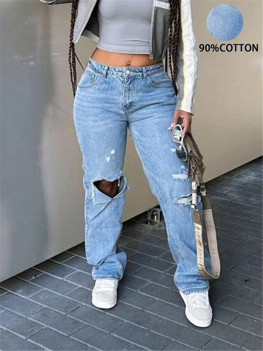 2024 New European And American Loose Casual Simple Straight-Legged Pants With Holes - Light Wash - View 1