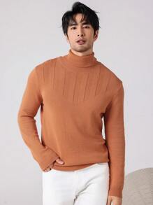 Manfinity Homme 男士纯色高领宽松休闲毛衣，秋冬 - 橘色 - 查看 4
