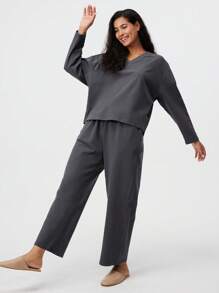 LUVLETTE 柔软棉质薄绒长款V领女士睡衣家居服套装，可作睡衣外穿，秋季睡衣 - 深灰色 - 查看 4