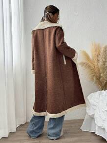 SHEIN EZwear Women's Winter Contrast Color Thermal Lined Long PU Leather Jacket - Brown - View 2