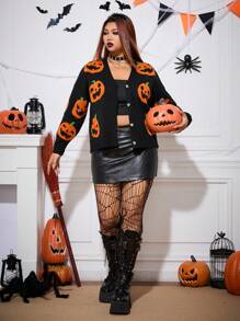 SHEIN EZwear Plus Size Women's Front Button Long Sleeve Pumpkin Orange Pattern Cardigan, Casual Daily Wear,Halloween Clothes,Halloween Curve