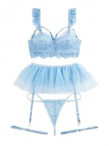 Pure Desire 5pack Floral Lace Underwire Garter Lingerie Set - Baby Blue - View 5