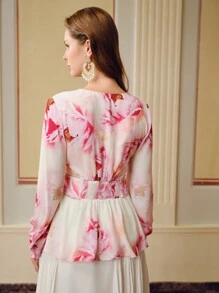 ZEYLAH FLORAL PRINT V-NECK LANTERN SLEEVE PEPLUM TOP WITHOUT BELT - Pink - View 4