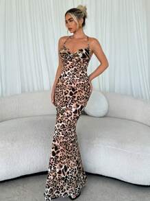Firerie 女夏裝優雅性感潮流豹紋印花深V領露背網紗透視中長款修身連帶鏈裝飾連身裙，適用於日常及假日 - 彩色 - 查看 3