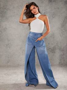 Denimoi 夏季扭领开叉不对称下摆露背上衣 - 白色 - 查看 8