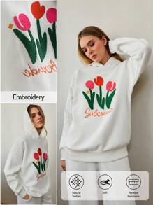 RueChic Hooded Sweatshirt With Embroidery Detail For Autumn & Winter - Black - View 8