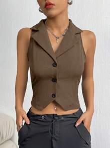 SHEIN Unity Chaleco de traje de una sola hilera con solapa de unicolor para dama en verano - Café integral - Ver 1