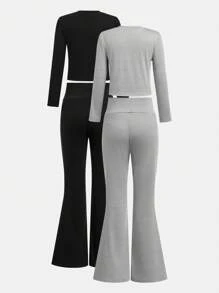 2sets Tween Girl Basic Grey & Black Long Sleeve Knit Top & High Waist Flare Knit Pants Sets