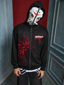 WB Horror X SHEIN Sudadera con capucha casual suelta para hombres con estampado de salpicaduras y máscara tipo Jason