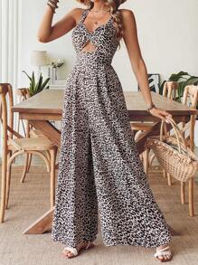 SHEIN VCAY Holiday Woven Leopard Pattern Wide Leg Front Center Cut Out Women's Jumpsuit - Brown - View 1