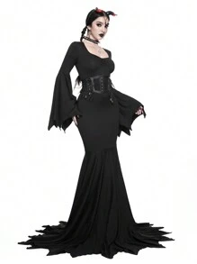 ROMWE Gothic Halloween Flare Sleeve Solid Black Mermaid Hem Dress With Sweetheart Neckline For Women - Black - View 6