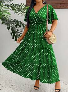 SHEIN Clasi Plus Size Women's Summer Polka Dot Printed V-Neck Ruffle Short Sleeve Elegant Dress, For Christmas Maxi Women Outfit - Green - View 1