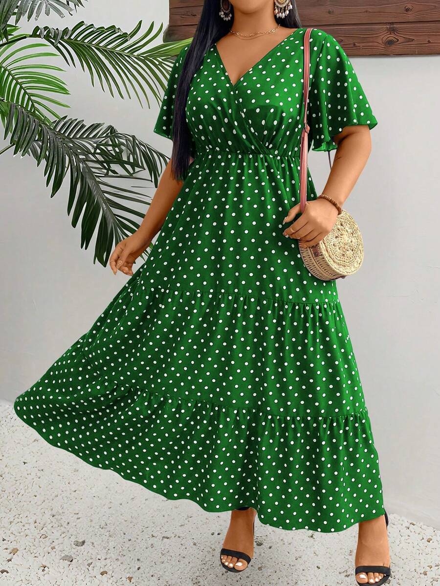 SHEIN Clasi Plus Size Women's Summer Polka Dot Printed V-Neck Ruffle Short Sleeve Elegant Dress, For Christmas Maxi Women Outfit - Green - View 1