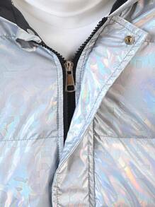 SHEIN Hooded Long Thick Padded Coat For Young Boy In Winter, With Letter Pattern, Metallic Coating & Contrast Lining