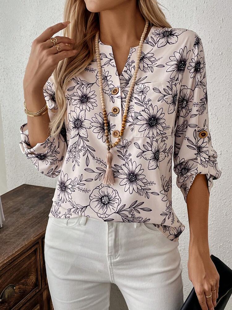 Women's Front Button Closure Mid-Length Sleeve Allover Floral Print Casual Blouse