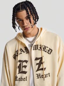 Manfinity VCAY Men's Loose Fit English Text Graphic Long Sleeve Knit Sweatshirt Set, For Fall Winter - Khaki - View 3