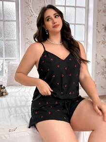 CottageSlumber 大码樱桃印花雪纺蕾丝拼布两件套 - 黑色 - 查看 5