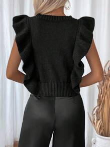 Chiquease Áo vest dệt kim viền bèo nhún rút dây kiểu Pháp màu trơn cho nữ - màu đen - Xem 2