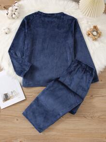 SHEIN 2 件青少年男童简约柔软法兰绒长袖睡衣套装（含裤子），秋冬季 - 藏蓝色 - 查看 2