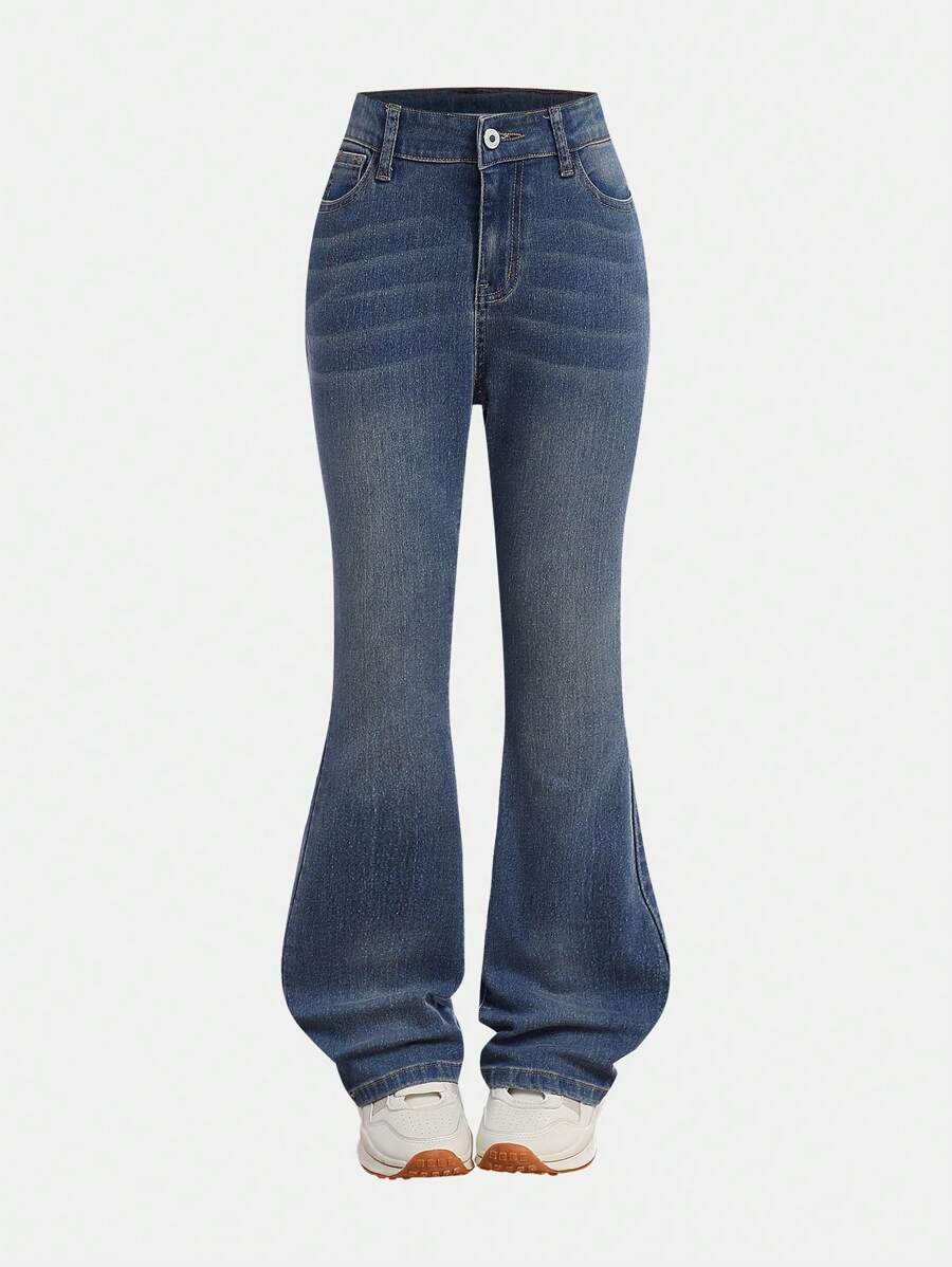Tween Girl Y2K Vintage Washed Flared Leg Jeans, Casual And Versatile