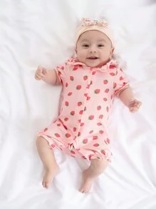 嬰兒女童針織軟草莓圖案翻領荷葉袖連體褲，前扣短袖設計 - 杏色 - 查看 10