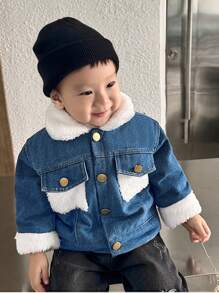 SHEIN 男婴翻盖口袋细节博格领保暖内衬加厚牛仔夹克秋冬，2024 冬季系列，简约而时尚，防风，舒适 - 藍色 - 查看 3