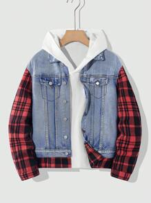 SHEIN Tween Boys Distressed Plaid Patchwork Denim Blue Jacket,For Back To School Clothes And Fall Clothes - Multicolor - View 1