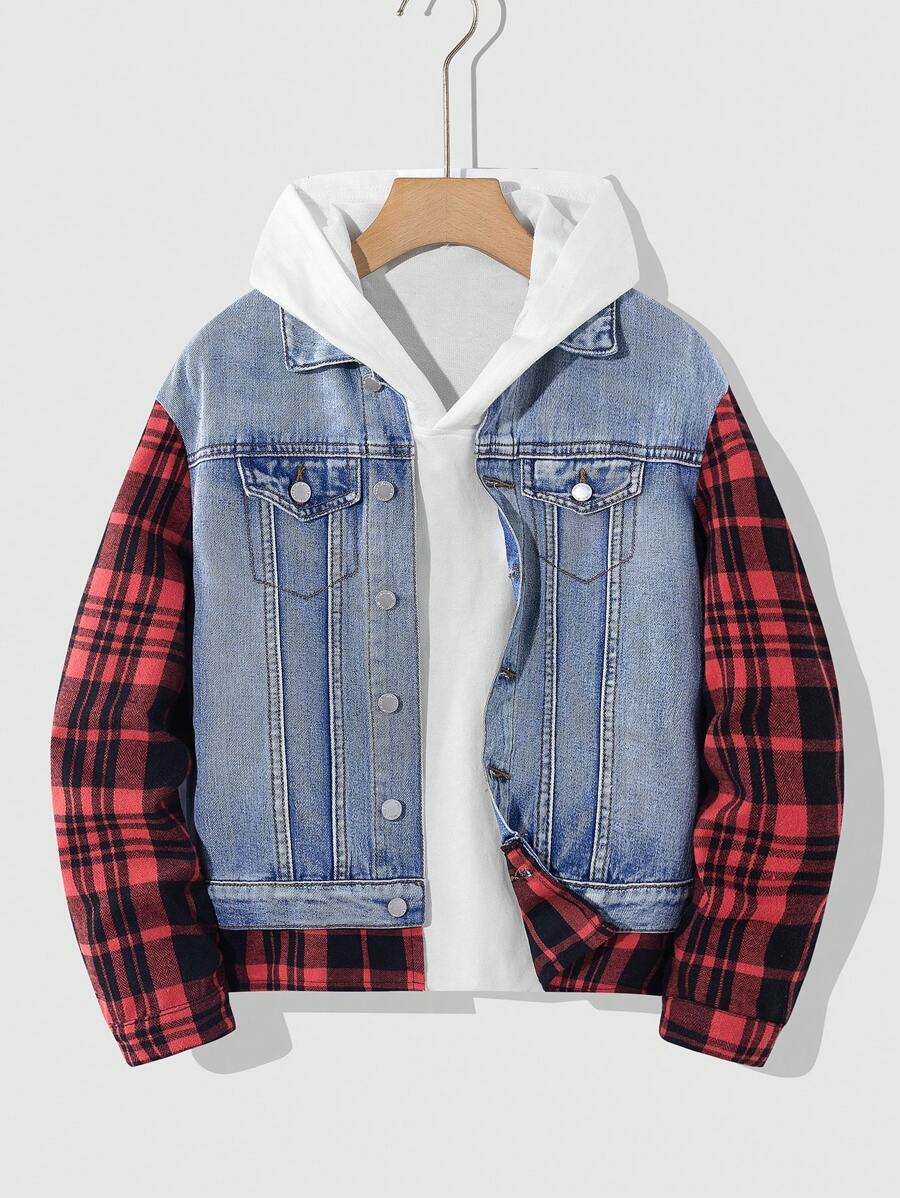 SHEIN Tween Boys Distressed Plaid Patchwork Denim Blue Jacket,For Back To School Clothes And Fall Clothes - Multicolor - View 1